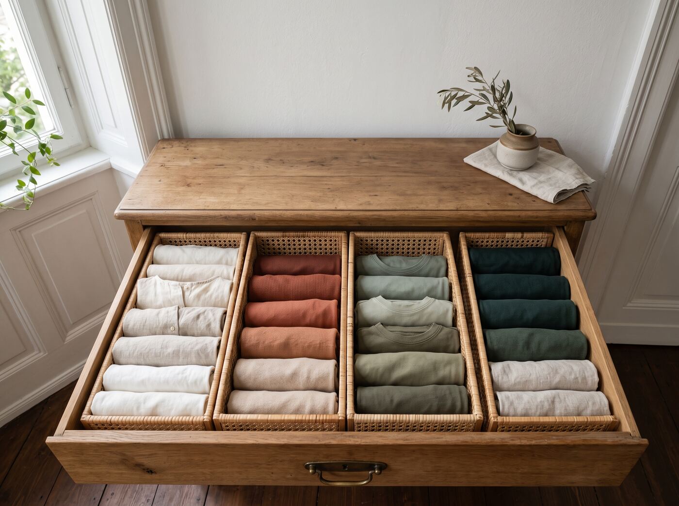 A dresser drawer with clothes file-folded in neat rows