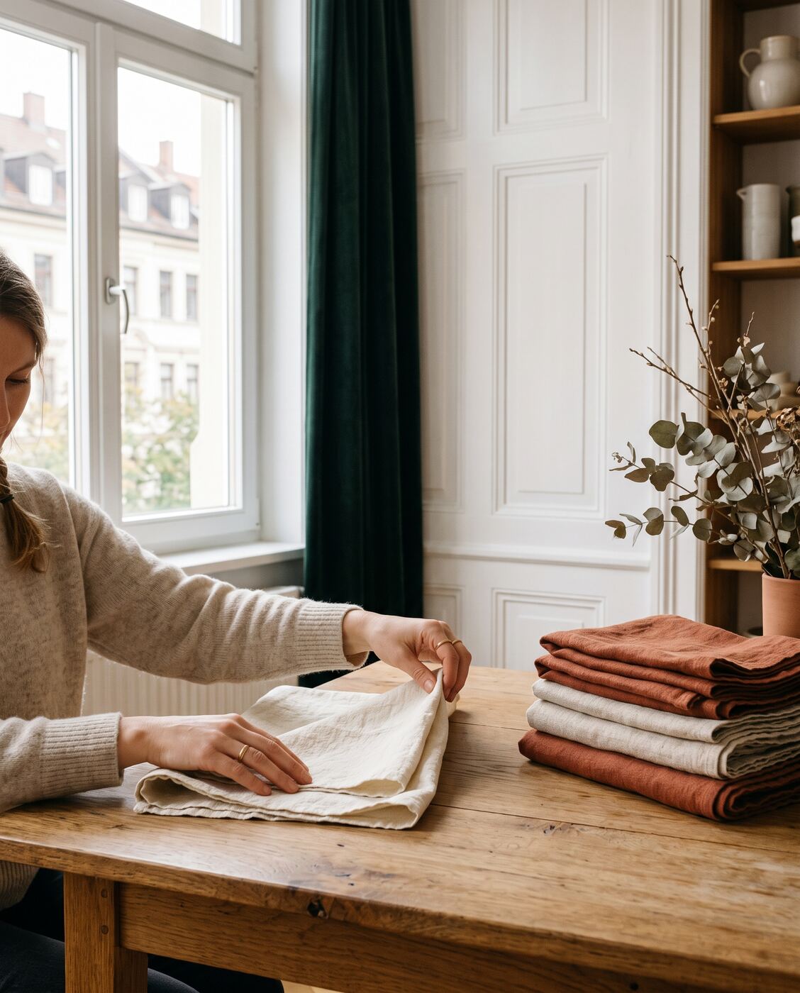 Hands folding cream linen at a warm oak table beside a stack of folded towels