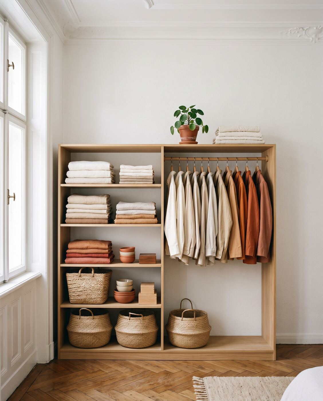A calm, perfectly organized oak wardrobe with folded linens and clothes arranged by color