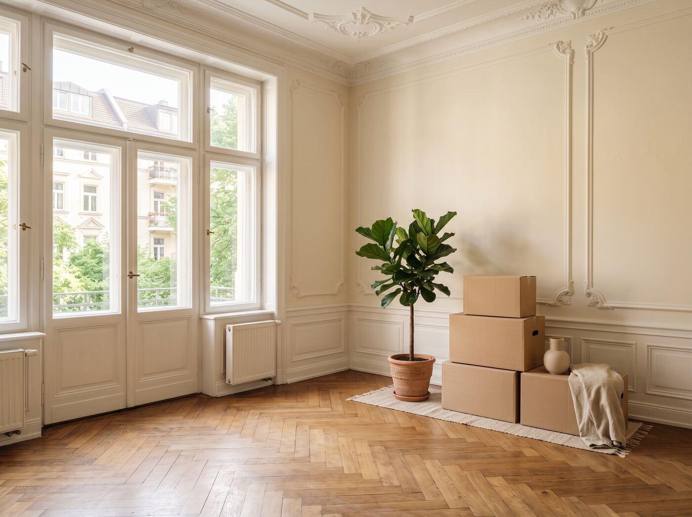 A bright Munich Altbau room with a neat stack of moving boxes